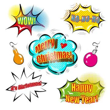 A set of cute speech bubbles with Christmas decoration pop art comic style Stock Illustration