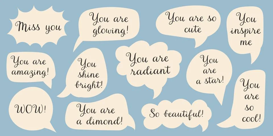 Set of Cute Speech Bubbles with Compliment Phrases Illustrazione stock