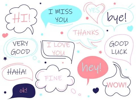 Set of cute speech bubbles of different shapes with text. Multicolored spee.. Illustrazione stock