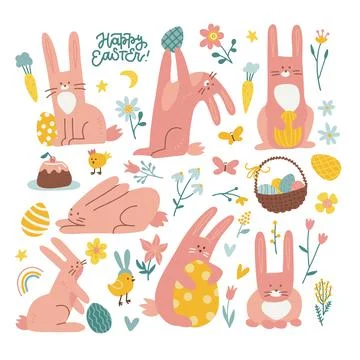 Set of cute spring bunnies and Easter eggs in pastel colors. Colorful vector Stock Illustration