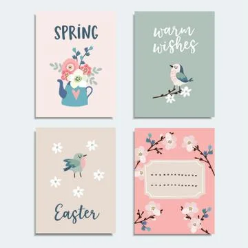 Set of cute spring, Easter greeting cards, invitations with flowers, cherry イラスト素材