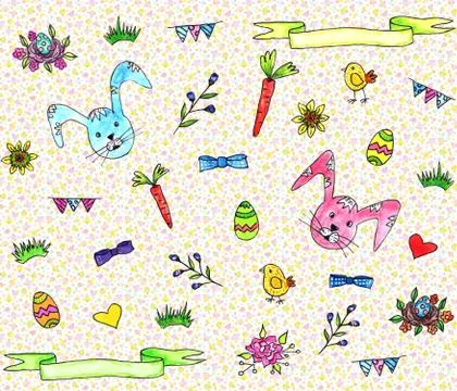 Set of cute spring elements for Easter design. Stock Illustration