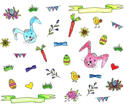 Set of cute spring elements for Easter design. 스톡 일러스트