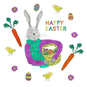 Set of cute spring elements for Easter design. Rabbit, eggs and basket. Stockillustratie