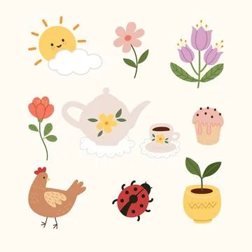 Set of Cute Spring elements. Springtime Hand Drawn Flowers, Plant and other. Illustrazione stock