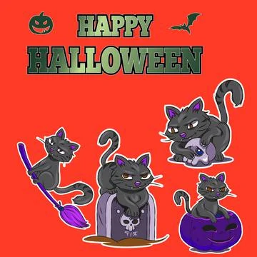 Set of cute sticker cats with different pose Illustrazione stock
