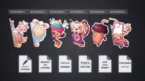 Set cute sticker tea, coffee, deer, diplomat, giraffe, car, lamb, sheep, bear Stock Illustration