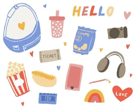 Set of cute sticker things drawn in pencil and isolated on a white background Stock Illustration