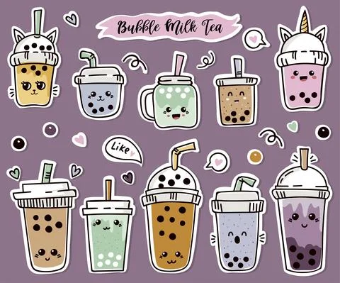 Set of cute stickers with bubble tea or pearl tea Stock Illustration