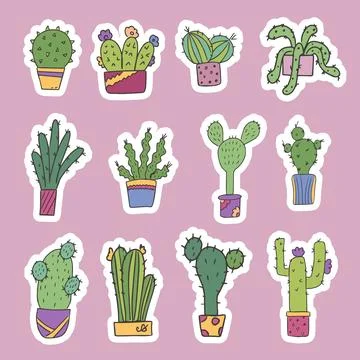Set of cute stickers of cacti in pots. Indoor plants. For the design of car.. Stock Illustration