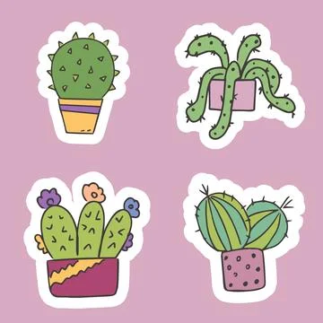 Set of cute stickers of cacti in pots. Indoor plants. For the design of car.. Stock Illustration