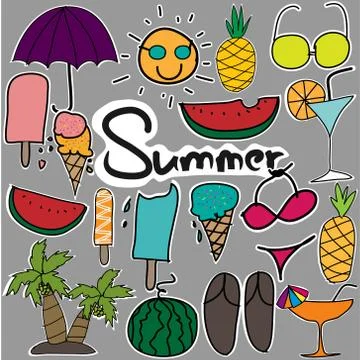 Set Of Cute Stickers Hand Drawn Summer Set. Stock Illustration