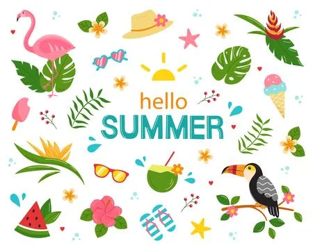 Set of cute summer design elements: flamingo, ice cream, drinks イラスト素材