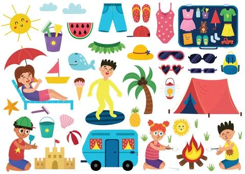 Set of cute summer elements. Hello summer collection in cartoon style Stock Illustration