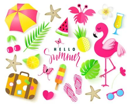 Set of cute summer elements. Pink flamingo, tropical leaves, umbrella, crab Stock Illustration