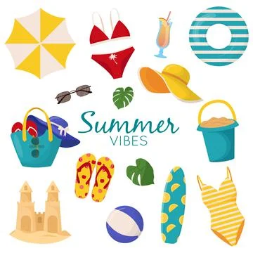 Set of cute summer elements: surfboard, cocktail, bag, hat, palm tree, bikini Illustrazione stock