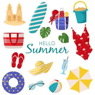 Set of cute summer elements: surfboard, cocktail, bag, hat, palm tree, bikini Stock Illustration