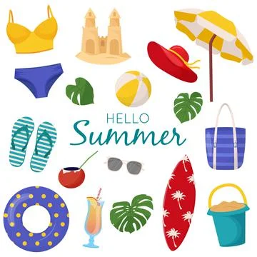 Set of cute summer elements: surfboard, cocktail, bag, hat, palm tree, bikini Illustrazione stock