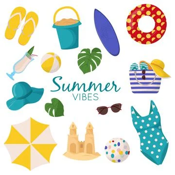 Set of cute summer elements: surfboard, cocktail, bag, hat, palm tree, bikini Stock Illustration