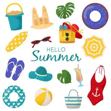 Set of cute summer elements: surfboard, cocktail, bag, hat, palm tree, bikini 스톡 일러스트