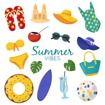 Set of cute summer elements: surfboard, cocktail, bag, hat, palm tree, bikini Illustrazione stock