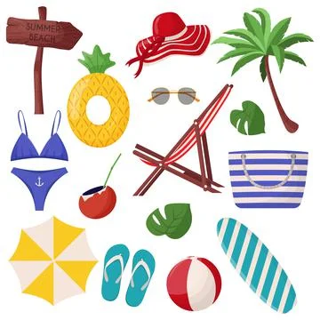 Set of cute summer elements: surfboard, cocktail, bag, hat, palm tree, bikini Illustrazione stock