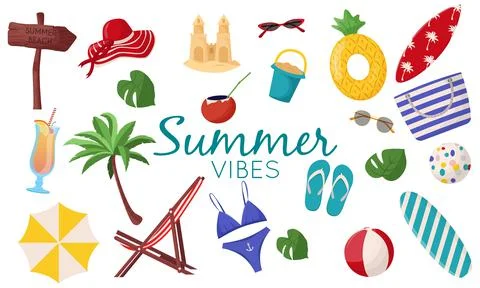 Set of cute summer elements: surfboard, cocktail, bag, hat, palm tree, bikini Stock Illustration