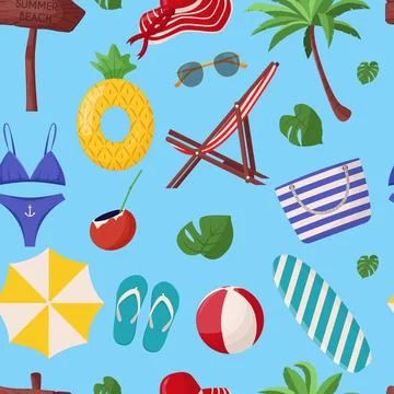 Set of cute summer elements: surfboard, cocktail, bag, hat, palm tree, bikini Stock Illustration