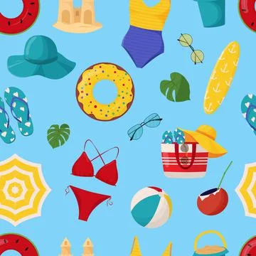 Set of cute summer elements: surfboard, cocktail, bag, hat, palm tree, bikini Stock Illustration
