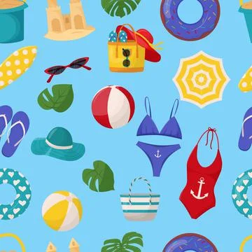 Set of cute summer elements: surfboard, cocktail, bag, hat, palm tree, bikini Stock Illustration