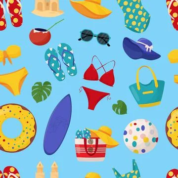 Set of cute summer elements: surfboard, cocktail, bag, hat, palm tree, bikini Illustrazione stock
