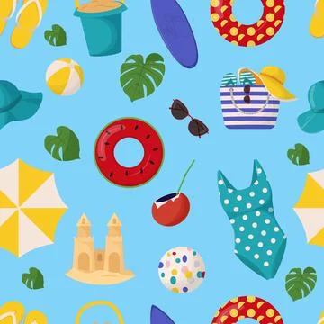 Set of cute summer elements: surfboard, cocktail, bag, hat, palm tree, bikini 스톡 일러스트