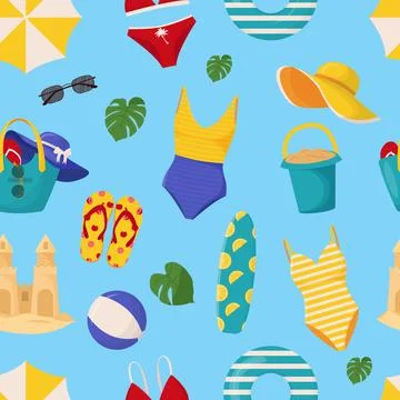 Set of cute summer elements: surfboard, cocktail, bag, hat, palm tree, bikini Illustrazione stock