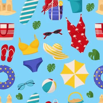Set of cute summer elements: surfboard, cocktail, bag, hat, palm tree, bikini Illustrazione stock