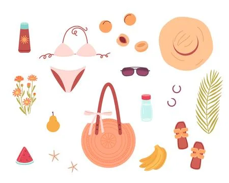 Set of cute summer elements with swimsuit bag food fruits beach accessories イラスト素材