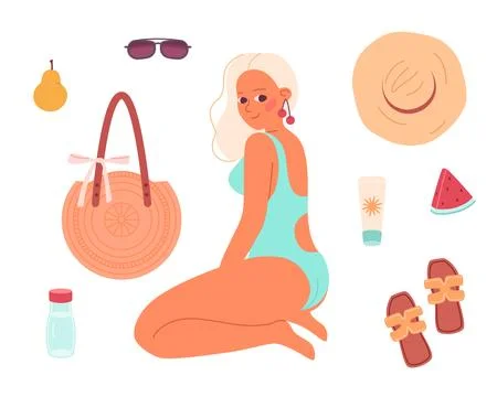 Set of cute summer elements with woman in swimsuit, beach bag, fruits, beach Stock Illustration