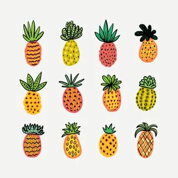 Set of cute sunny pineapples. Stock Illustration