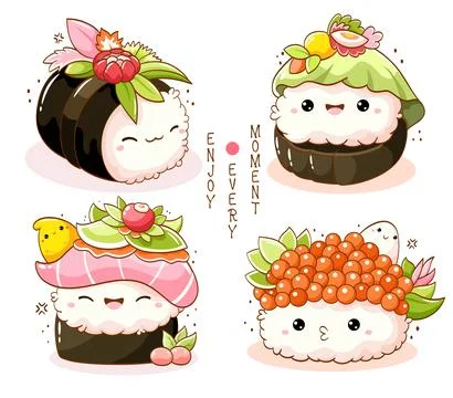 Set of cute sushi and rolls in kawaii style with smiling faces. Japanese tr.. Stock Illustration