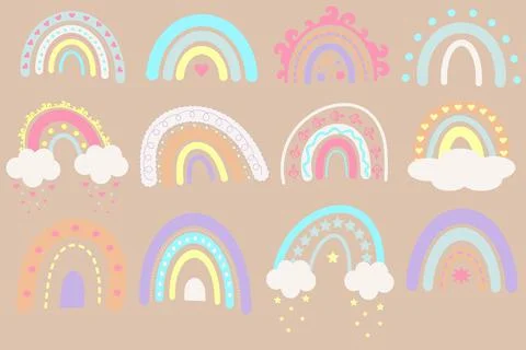 Set of cute sweet boho rainbows. Stock Illustration