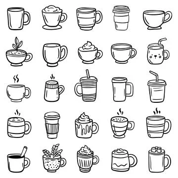 Set of Cute Tea or coffee cup doodle hand drawn line illustration Stock-Illustration