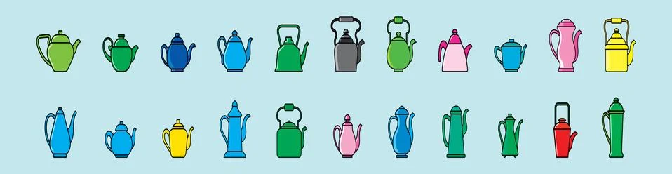 Set of cute tea pot collection cartoon icon design template Stock Illustration