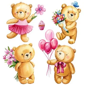 Set cute Teddy bears with balloon and flowers on isolated background. Watercolor Stock Illustration