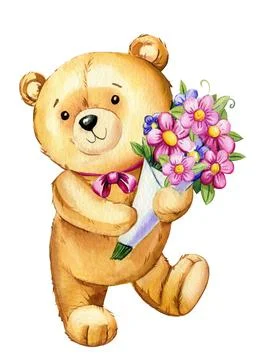Set cute Teddy bears with balloons on isolated background. Watercolor hand drawn Stock Illustration