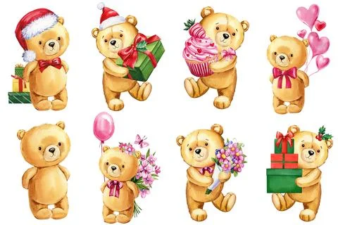 Set cute Teddy bears gift, watercolor Hand Painted Illustration on a isolated Stock Illustration