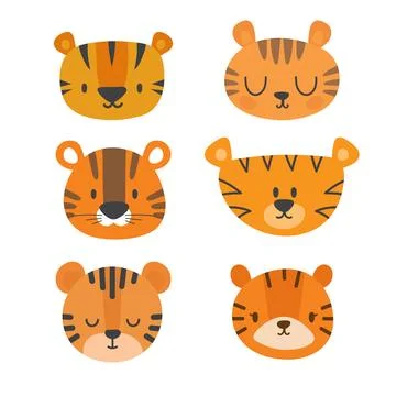 Set of cute tigers. Funny doodle animals. Little tiger in cartoon style Stock Illustration