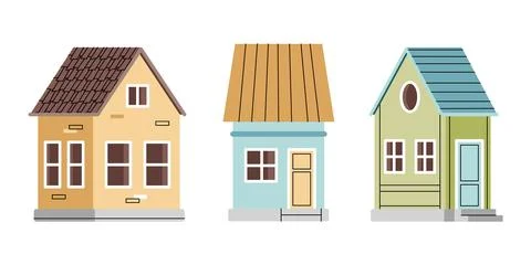 Set of cute tiny houses. Cartoon small townhouses, country houses, minimal su Stock Illustration