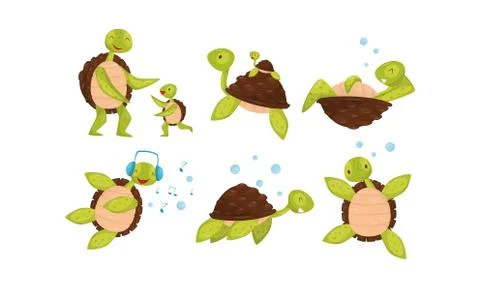 Set With Cute Turtles In Different Active Poses Vector Illustration Cartoon Illustrazione stock