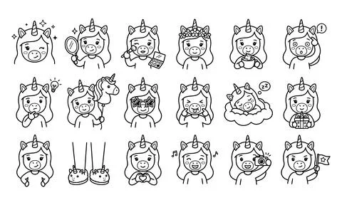 Set of cute unicorn character black and white line stickers collection Stock Illustration