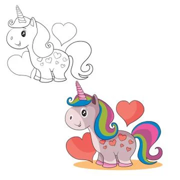 Set of cute unicorn with multi-colored mane and on the background of red hearts Stock Illustration