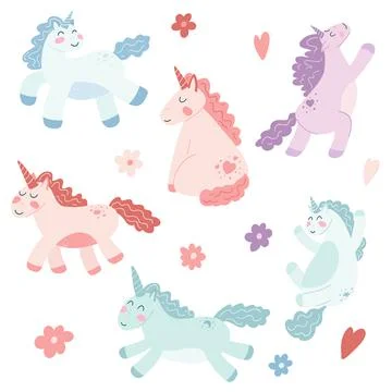 Set of cute unicorns in cartoon flat style. Vector illustration of baby horse Stock Illustration